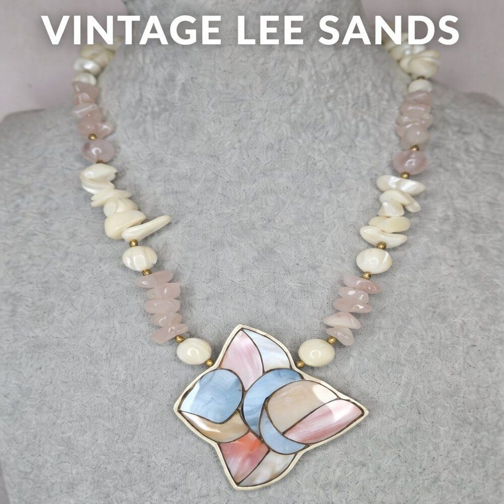 Vintage Lee Sands Mother of Pearl Inlay Statement Necklace Pink Blue Coastal 80s